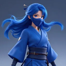 a female ninja in blue, with flowing hair, and blue kimono, artstation, volumetric lighting, hd