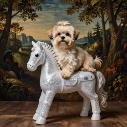 a cream - colored havanese laying on top of a plastic sequined horse, a renaissance painting in the background, photo by david lachapelle, behance, transgressive art, renaissance painting, freakshow, official art