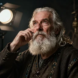 portrait of an old, medieval alchemist in the dark, he is looking into the distance thoughtfully!!. close up, leaning back, studio lighting bright ambient lighting key light, fantasy, detailed, photorealistic portrait by michael komarck, greg rutkowski, victo ngai, artgerm and j. dickenson