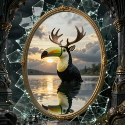 shattered glass texture, toucan creature with deer antlers, lake, reflections, massive oval mirrors, cinematic, filmic, ray tracing reflections, detailed and intricate, elegant, ornate, realistic, golden hour, stormy weather, ominous, dark wet walls of a dungeon, portal, true detective