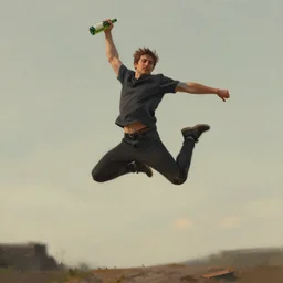 artistic rendition of a man jumping in the while holding a bottle, trending on Artstation