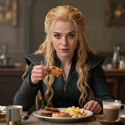 perfectly - centered - portrait of sansa stark having a breakfast, intricate, highly detailed, digital painting, artstation, concept art, smooth, sharp focus, illustration, realism, unreal engine 5, 8 k, art by sam spratt