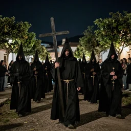 A Holy Week procession of grim reapers in a lush Spanish landscape at night. A hooded figure at the front holds a cross. Edward Hopper.