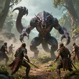 a beholder attacking a party of adventurers in realistic style