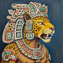 a detailed acrylic painting of mayan jaguar warrior, the artist is charles burns, alex grey