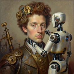 robot artist painting a self - portrait on a canvas. intricate, highly detailed, digital matte painting, in the style of alexandros pyromallis, and in the style of sachin teng, and in the style of hans thoma, and in the style of gil elvgren. irony, recursion, inspiration, steampunk.
