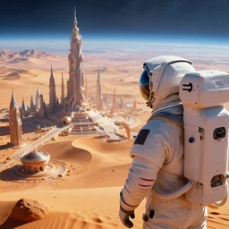 “ human astronaut looking at an unknown vast alien city unknown planet bright tones high edifications intricate surreal desert sharp focus art detail lights cinematic hdr vibrant colors ”