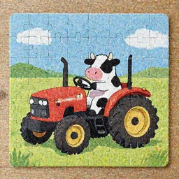 A jigsaw with a cute illustration of a cow driving a tractor by Dan Mumford
