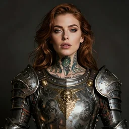 a beautiful portrait of a woman with many tattoos, in ornate armor, Travis Charest style