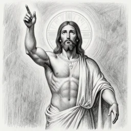 gigachad benediction, gigachad jesus, muscles, pointing to heaven, pencil art, holy iconography