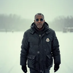 photo, 1 0 0 year old black man wandering in the snow, moncler jacket, circular sunglasses, portrait, cold color temperature, snow storm. hazy atmosphere. humidity haze. kodak ektachrome, greenish expired film, award winning, low contrast