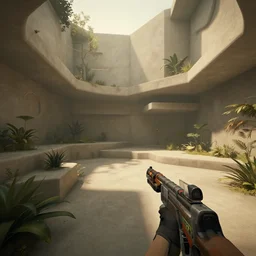 screenshot of a first person shooter game on unreal engine 5, in a liminal underground garden, photorealistic, retrofuturism, brutalism, staggered terraces, minimalist, soft vintage glow