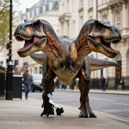 a tyrannosaurus rex walking through the streets of london
