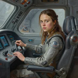 a realistic oil painting of a girl resembling alicia vikander or millie bobby brown in a futuristic mechanical spaceship cockpit, highly detailed, intricate, artstation, by donato giancola