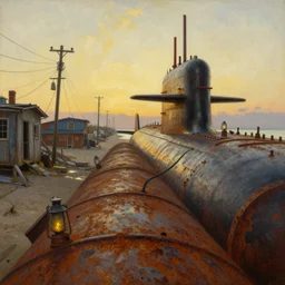 low point of view, low horizon, looking up, painting by dean cornwell, nc wyeth painting, ultra wide, vanishing point, 3 d perspective, beached submarine, incredible, award winning, up close, climbing, beaching, rust, sadness, golden hour, junk town, lanterns, makeshift house, tangled overhead wire, tower, telephone pole