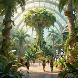matte painting of the interior view of giant botanical museum. ecofuturism. humans and robots walking around. fantastical, detailed digital art trending in artstation