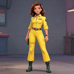 beautiful brown hair female reporter in a yellow jumpsuit character april o ’ neil from animated series teenage mutant ninja turtles ( tmnt 1 9 8 7 ), hyperrealism, full body photogenic shot, by in the style of comics, by boris valejo, trending on art station