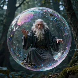 an old wizard trapped inside a floating soap bubble among the trees, ethereal, fantasy, style of boris vallejo, dramatic lighting