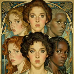 an art nouveau, ( streamline moderne ), multi - racial portrait in the style of anna dittmann and charlie bowater and wayne barlowe. very large, clear, expressive, and intelligent eyes. symmetrical, centered, ultrasharp focus, dramatic lighting, photorealistic digital matte painting, intricate ultra detailed background.