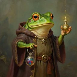 Portrait of a medieval humanoid frog dressed like a wizard and carrying magic trinkets, painted by Craig Mullins, trending on ArtStation