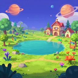 in a park and next to a lake, in a small town on an alien planet, with strange alien plants and flowers, from a space themed Serria point and click 2D graphic adventure game, made in 2019, octane render, pixar style