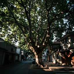 tree from the street level, cinematic angle, upward perspective