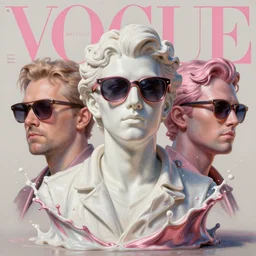 3 d marble statue of fancy model in sunglasses, splashes, liquid white and pink metal, sun, vogue cover style, poster art, high detail, intricate oil painting, multiple exposure, stanley kubrick mood, hyperrealism, 3 d, by tooth wu and wlop and beeple and greg rutkowski