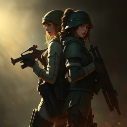2 beautiful woman soldiers back to back cocnept art, artstation, beautiful lighting