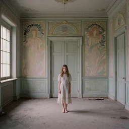 a lonely girl in an haunted liminal abandoned room, film still by wes anderson, depicted by balthus, limited color palette, very intricate, art nouveau, highly detailed, lights by hopper, soft pastel colors