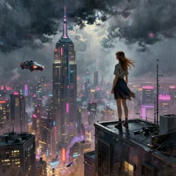 a girl standing on top a building looking down at futuristic new york city, cyberpunk, ghostpunk, sci - fi, fog, neon lights, flying cars, storm clouds, rain, oil painting, by george bellows