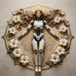 a beautiful intricate fine art portrait photo of a cyborg with bionic implants, epic wavy hair spread out around her lined with white hibiscus, lying on a mandala, by natalie shau and michal karcz, masterpiece!, futuristic robot body, top view, studio lighting, golden ratio composition, 3 5 mm lens, deep depth of field, artstation, 8 k