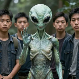 photograph of first alien on earth, posing in disguise among humans, in group photograph, 4k, hyper realistic