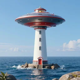 a ufo hovers over a lighthouse out at sea, digital art, highly detailed, realistic, bright colors, 8 k