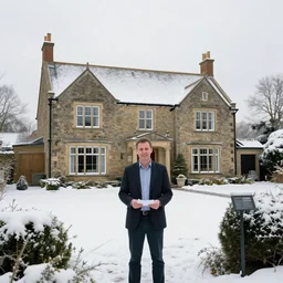 cyberpunk, winter in the snow, an estate agent listing photo, external view of a 5 bedroom detached countryside house in the UK, by Paul Lehr
