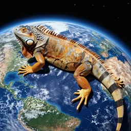 a humongous iguana LAYING laying laying on earth outside space