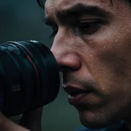 macro lens close up of mans face sweating in dark contrast moody lighting with rain and short depth of field