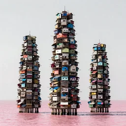 giant towers made up of colourful makeshift squatter shacks, suspended over pink water, mamiya, uniform plain sky, fine details, minimalist, photographed by frans lanting