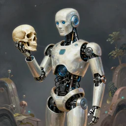 an i robot without head holds a skull in the hand, fullbody, intricate, elegant, volumetric lighting, scenery, digital painting, highly detailed, artstation, sharp focus, illustration, concept art, luis rollo, ruan jia, steve mccurry, john berkey