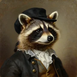 a head and shoulders portrait painting of an anthropomorphic!!!!!!!!!! raccoon!!!!!!!!!! wearing a colonial outfit without a hat looking off camera, a character portrait, american romanticism, oil on canvas