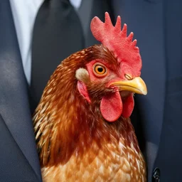 a high detail shot of a chicken wearing a suit
