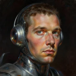 a dark close - up portrait of retrofuturistic bill hicks in space. reflective detailed textures. soft gloomy dark background. highly detailed fantasy science fiction painting by moebius, norman rockwell, frank frazetta, and syd mead. rich colors, high contrast. artstation