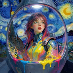 beautiful girl inside a spaceship, futuristic clothes, vibrant colors, beautiful face, rule of thirds, spotlight, drips of paint, expressive, passionate, by greg rutkowski, by vincent van gogh, mid journey style, digital painting