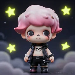 portrait of a grungy skull anime and chibi very cute doll by super ss, cyberpunk fashion, nendoroid, kawaii, curly pink hair, night sky, looking up, swirly clouds, neon yellow stars, by wlop, james jean, victo ngai, muted colors, highly detailed