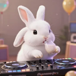 super cute fluffy white bunny rabbit drinking and partying while DJing with DJ turntables, photoreal