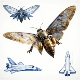 a mechanized moth, orthographic views, top down view, side view, blueprints, jet fighter, space shuttle, mecha, highly detailed, artstation, super realistic, unreal engine