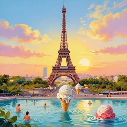 a funny painting of the eiffel tower in paris made of scoops of ice cream in different colors on a very sunny bright summer sunset day, very hot and the ice is melting of the paris skyline and people are swimming in the icecream in the style of james jean and fernando botero
