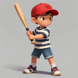 a young boy wearing a horizontal striped shirt and a red baseball cap and jean shorts, holding a baseball bat, digital painting, artstation, concept art, sharp focus, octane render, illustration, art by wlop,