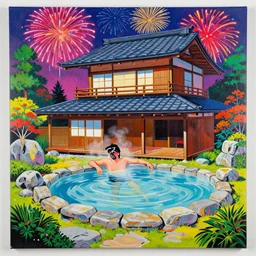 hyperrealism composition of the detailed japanese house with a hot springs in the garden, detailed darth vader bathe in a hot spring, fireworks on the background, pop - art style, jacky tsai style, andy warhol style, acrylic on canvas