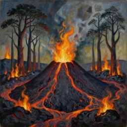 vulcano, lava, trees on fire, surreal by dan mumford and umberto boccioni, oil on canvas