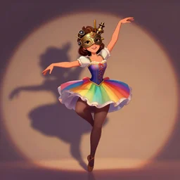 an fantasy scenery of a beautiful girl dancer, thick tights, wearing a beautiful intricately detailed steam punk mask, and clasical rainbow short dress, by disney, beautiful shadows, romantic atmosphere, artstation, cartoon art, 8 k